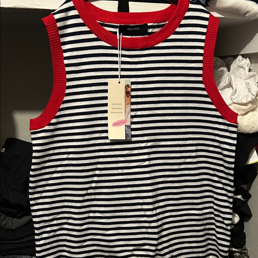 Striped Sleeveless Knit Top with Red Trim